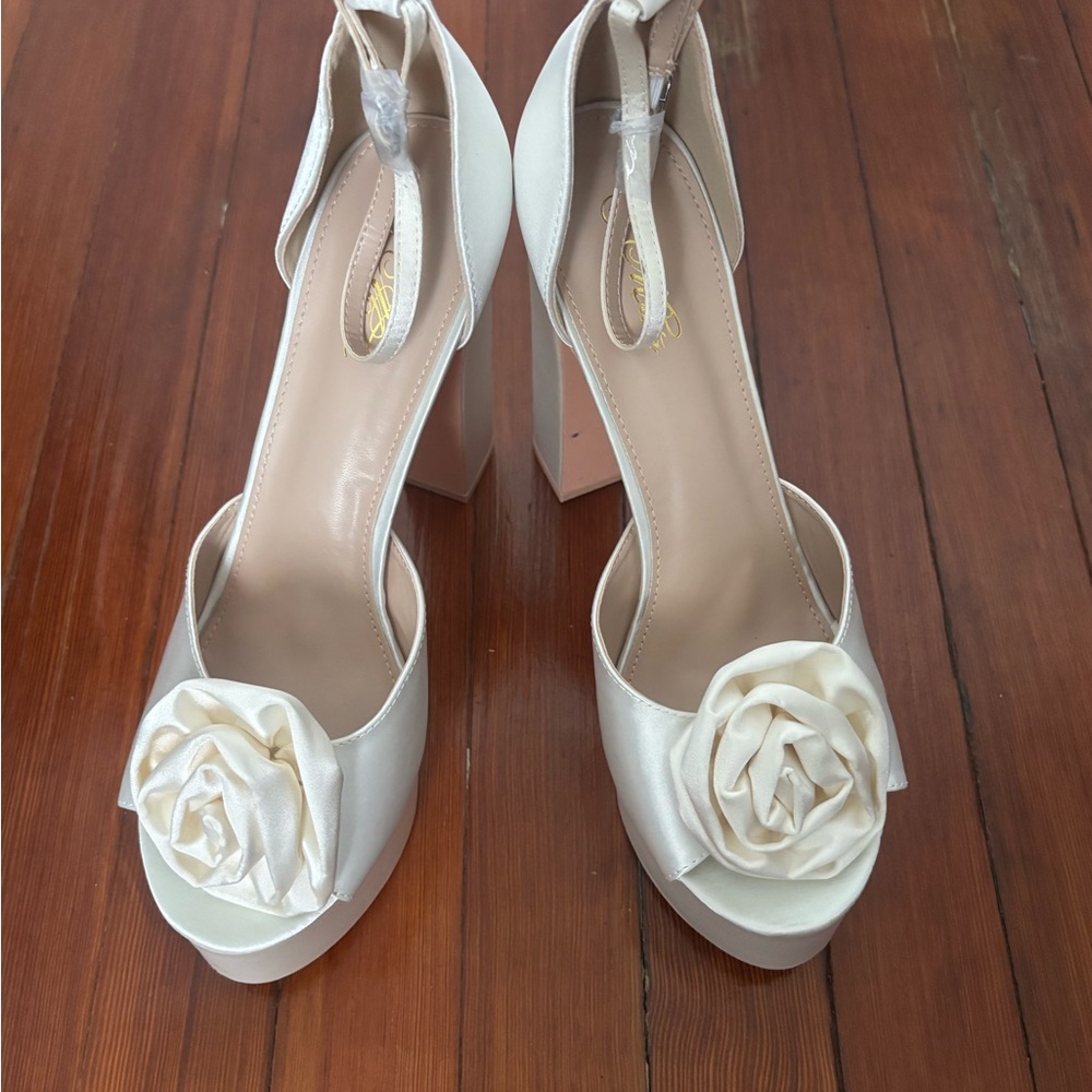 Miss Lola White Floral Heels with Ankle Straps